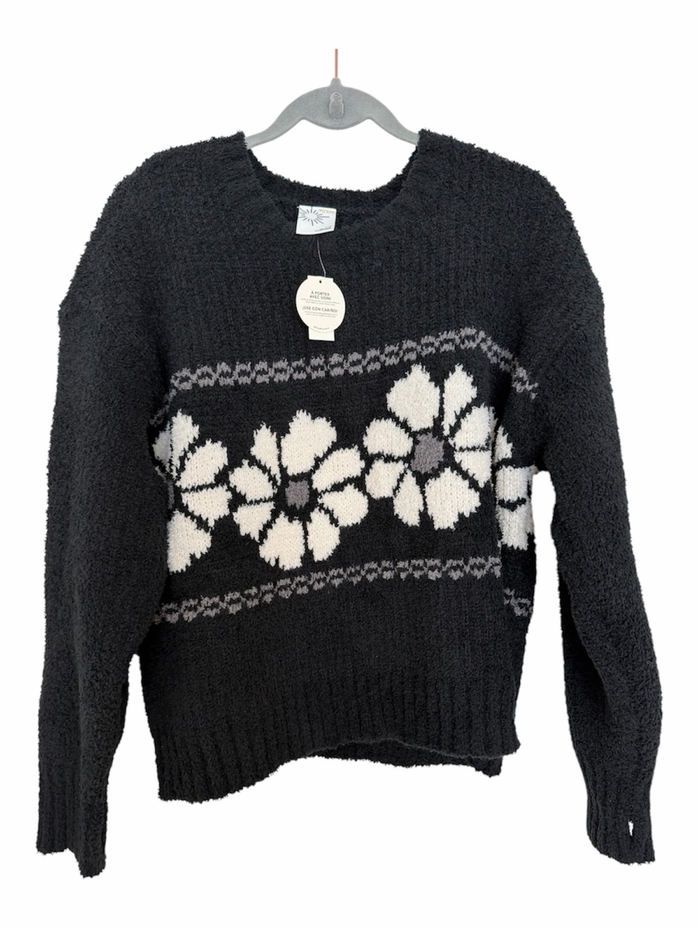 Aerie OFFLINE Marshmallow Sweater L Black White Flower Cozy Fuzzy Thumbhole NWT